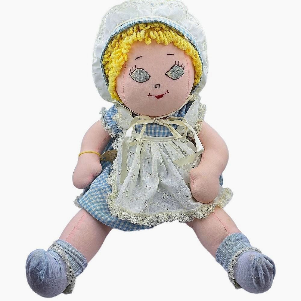 Vintage 1970s Baby Bright Eyes Handmade Cloth Doll 22in Gingham Yarn Hair Bonnet